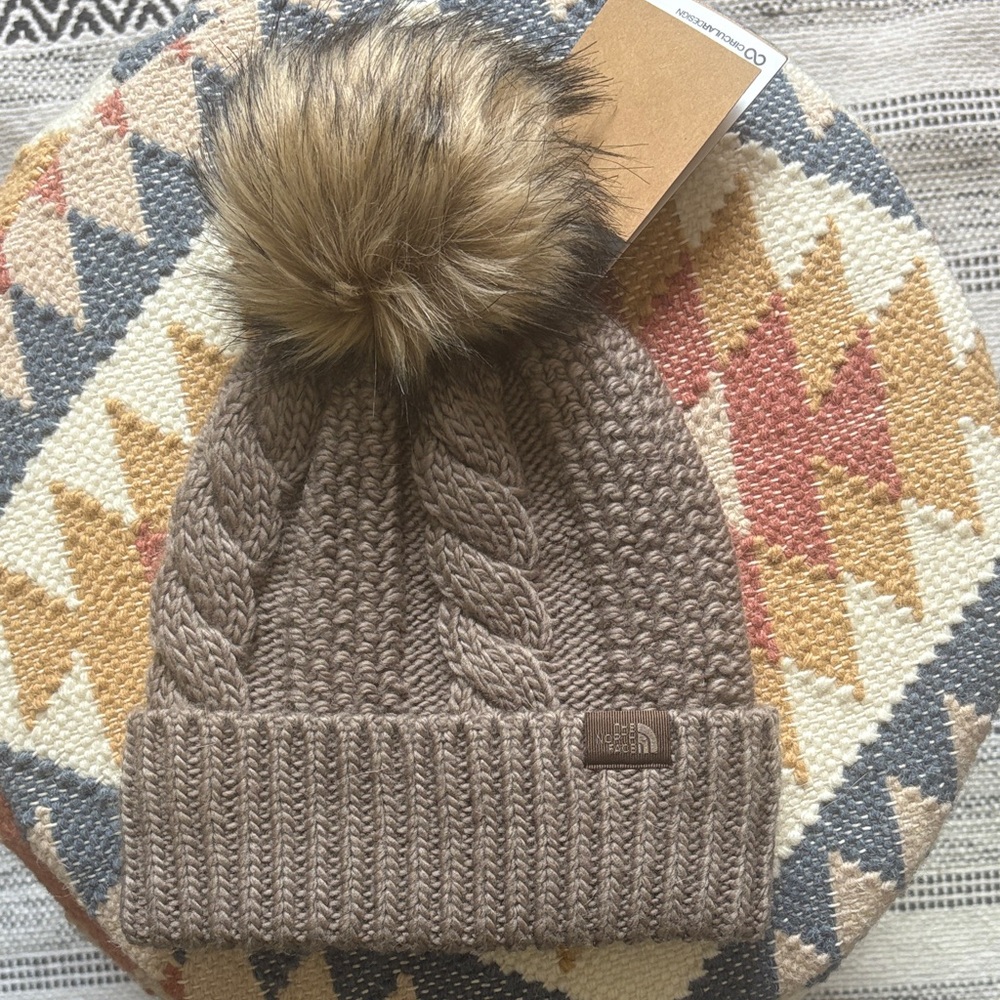 The North Face Brown Knit Beanie with Faux Fur Pom